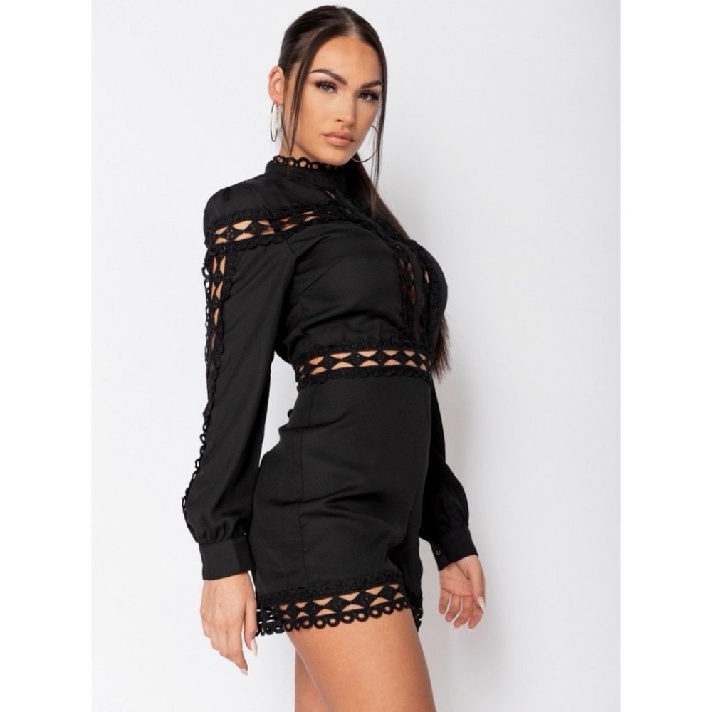 Black Long Sleeve High Neck Lace Trim Romper - Picture 3 of 11